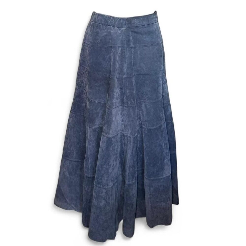 Soft Surroundings Blue Suede Leather Maxi Skirt Small Tiered Long Boho Flare 35"